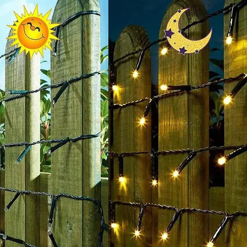 Wooden fence with string lights, showing day and night. Left side unlit under sun icon, right side lit under moon and stars icon, illustrating solar-powered lights.