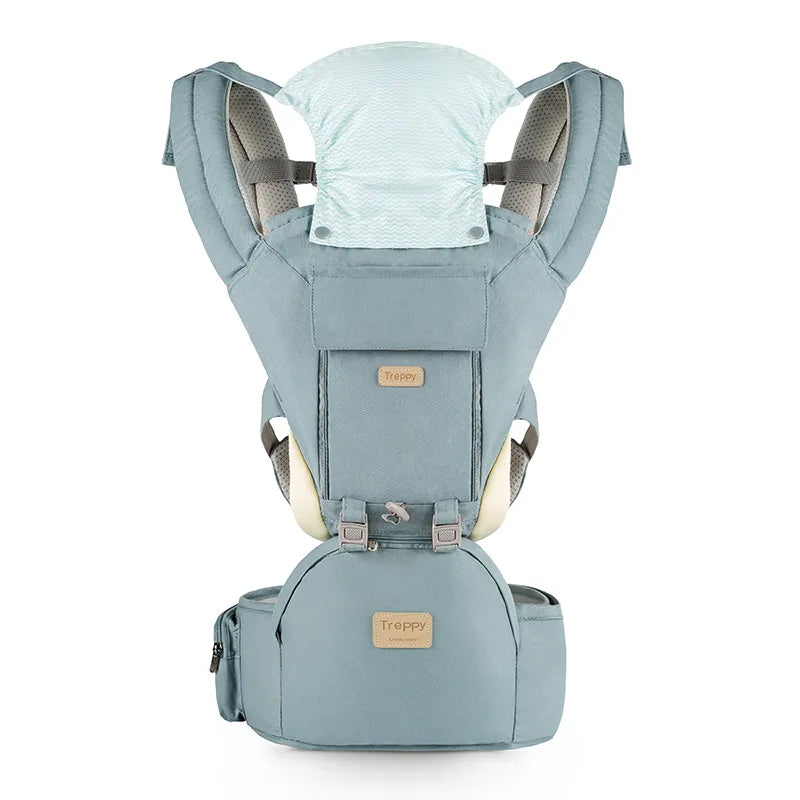 Gray baby carrier with padded shoulder straps and breathable mesh lining. Features a small zippered pouch and detachable hood. Suitable for infants and toddlers.