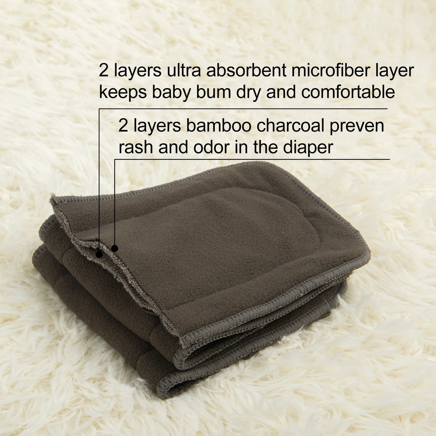 Stack of gray microfiber and bamboo charcoal diaper inserts on a soft white surface. Text highlights layers that keep baby dry and prevent rash and odor.