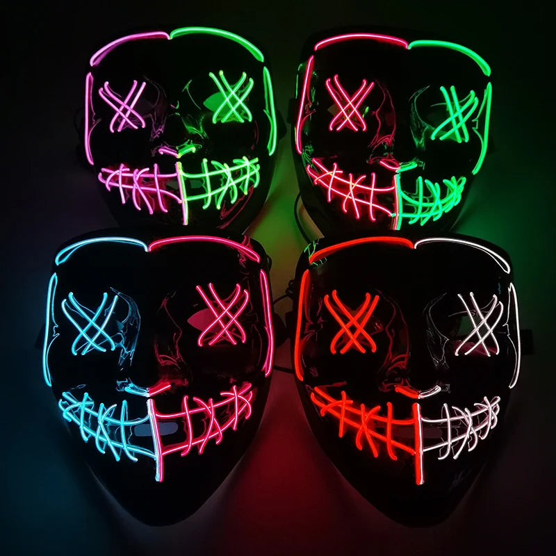 Four glowing masks with neon outlines feature crossed eyes and stitched mouths in pink, green, blue, and red. The masks are arranged in a grid against a dark background.