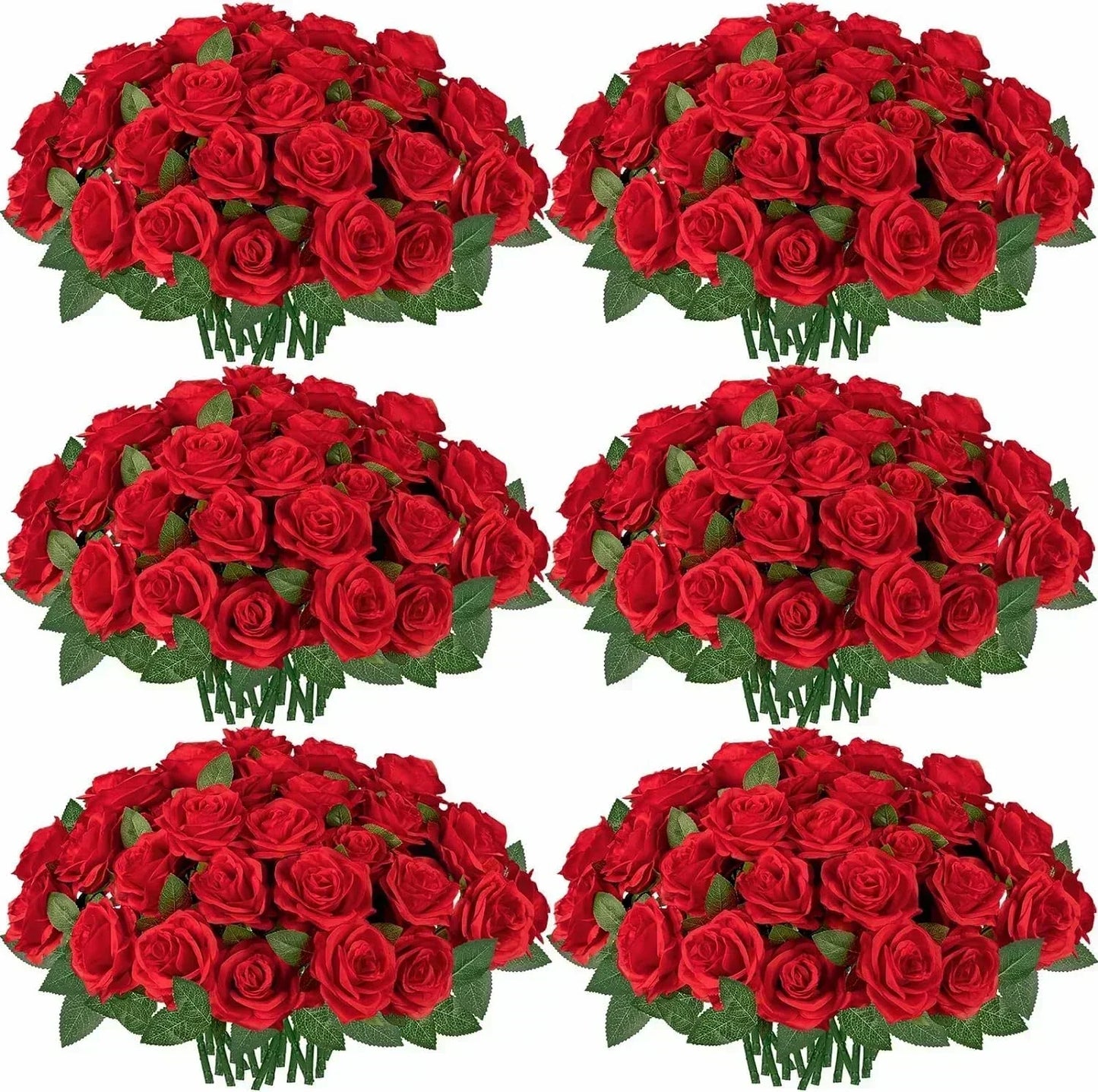 Six lush bouquets of vibrant red roses, each surrounded by rich green leaves, arranged in two rows of three against a plain background.