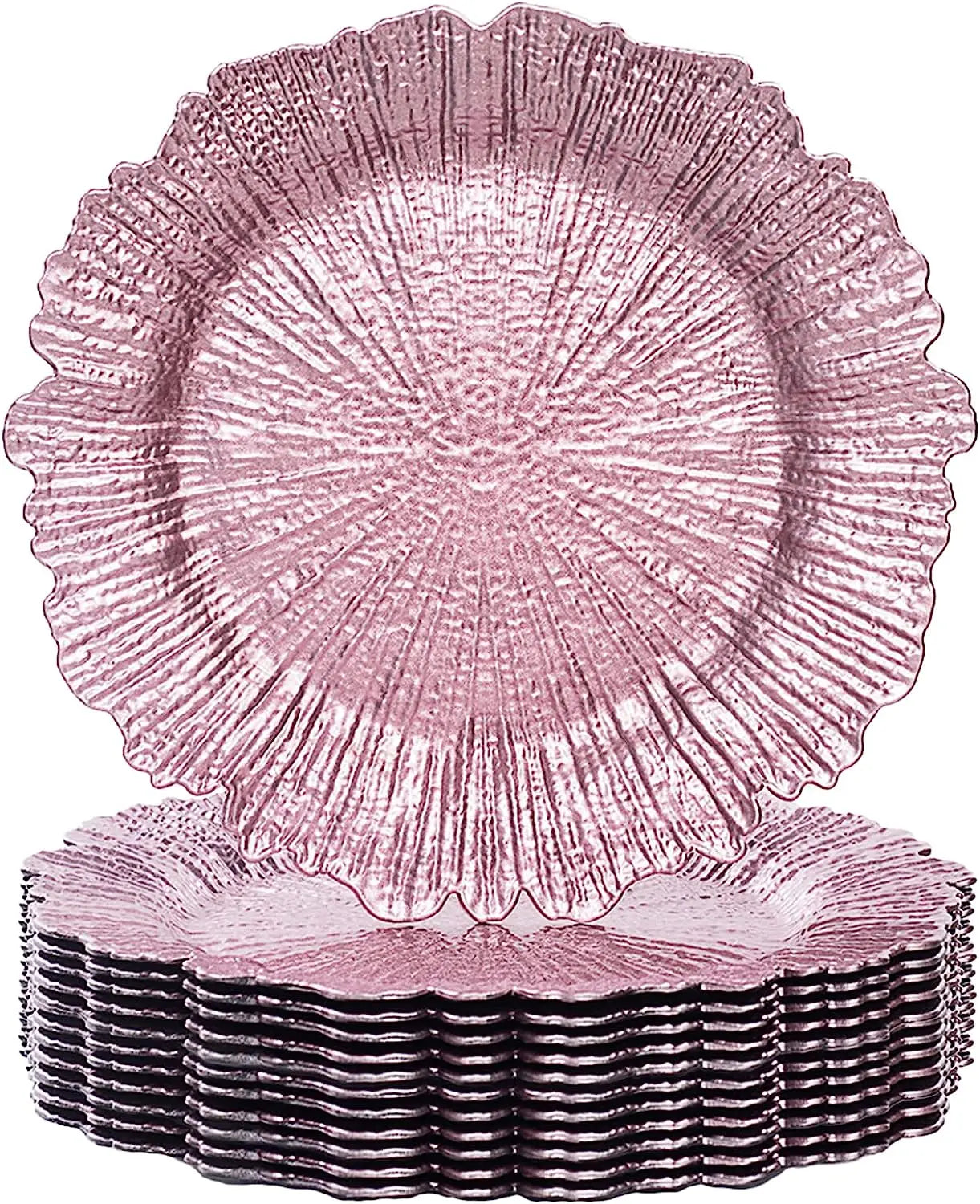 Set of textured, scalloped pink plates stacked neatly, with one plate displayed upright. The plates have a radial, ribbed design, creating a starburst effect in the light.
