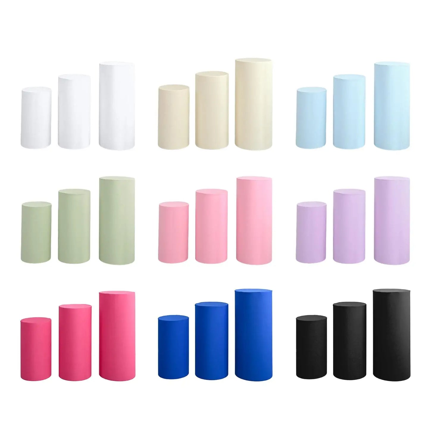 Colorful cylindrical pedestals in nine sets, each with three varied heights. Colors include white, cream, light blue, green, pink, lavender, hot pink, blue, and black.