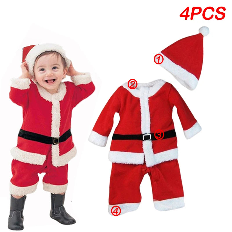 Baby in red Santa outfit with hat, jacket, pants, and belt. Outfit is displayed separately with numbers indicating each part. Text says “4PCS.”