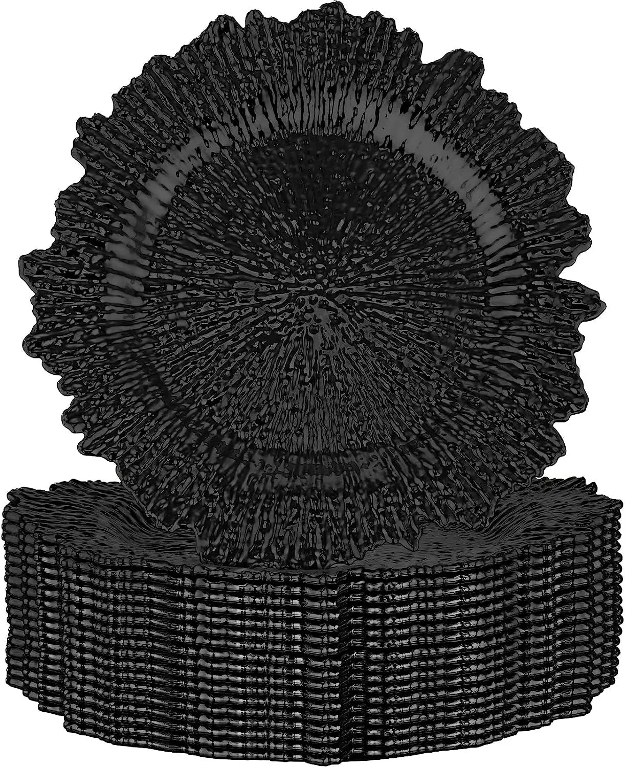 Stack of round, black textured placemats with a detailed, radiating pattern resembling tree rings.