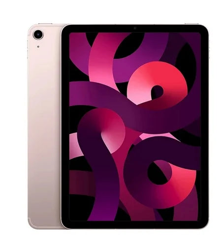 A tablet with a vibrant screen displaying abstract red and purple swirling patterns, shown against its slightly angled back, showcasing its slim design and rear camera.