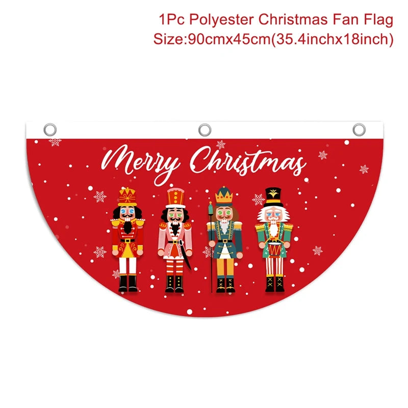 Red semi-circular Christmas flag with four nutcrackers and "Merry Christmas" text, decorated with snowflakes. Size: 90cm x 45cm (35.4 x 18 inches).