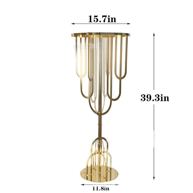 Tall gold lamp with an ornate, curved metal design and a circular base. The lamp measures 39.3 inches in height, 15.7 inches in diameter at the top, and 11.8 inches at the base.