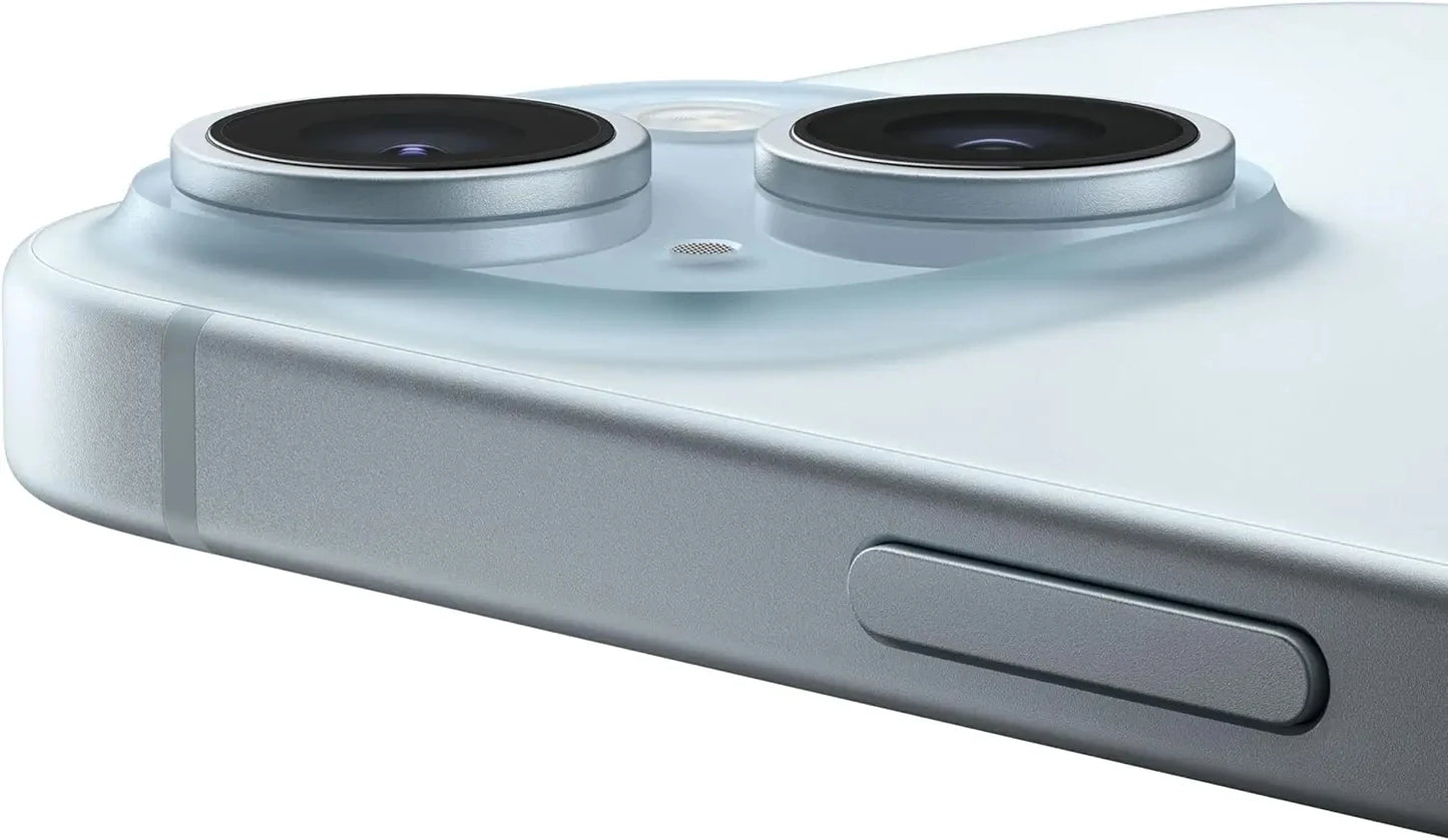 Close-up of a smartphone's dual camera lenses on the rear, with metallic edges and a slim button on the side, showcasing sleek and modern design elements.