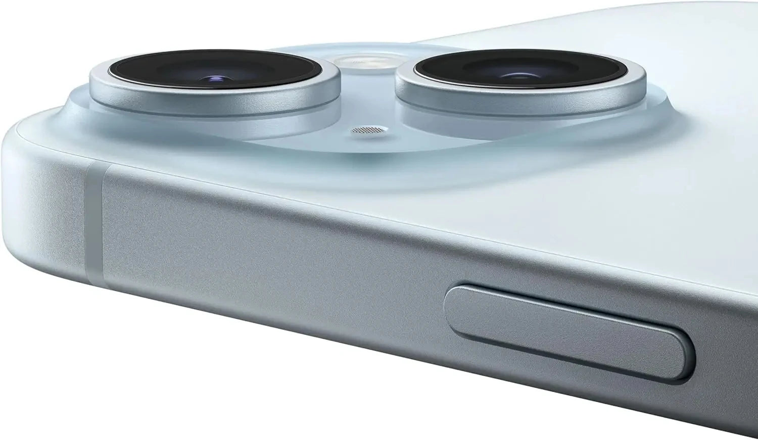 Close-up of a smartphone's dual camera lenses on the rear, with metallic edges and a slim button on the side, showcasing sleek and modern design elements.