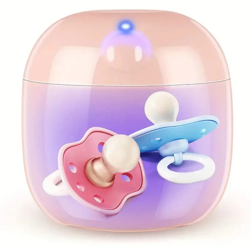 A pink and blue sterilizer case holding a pink and a blue pacifier, featuring a glossy, translucent exterior with a gentle gradient design.