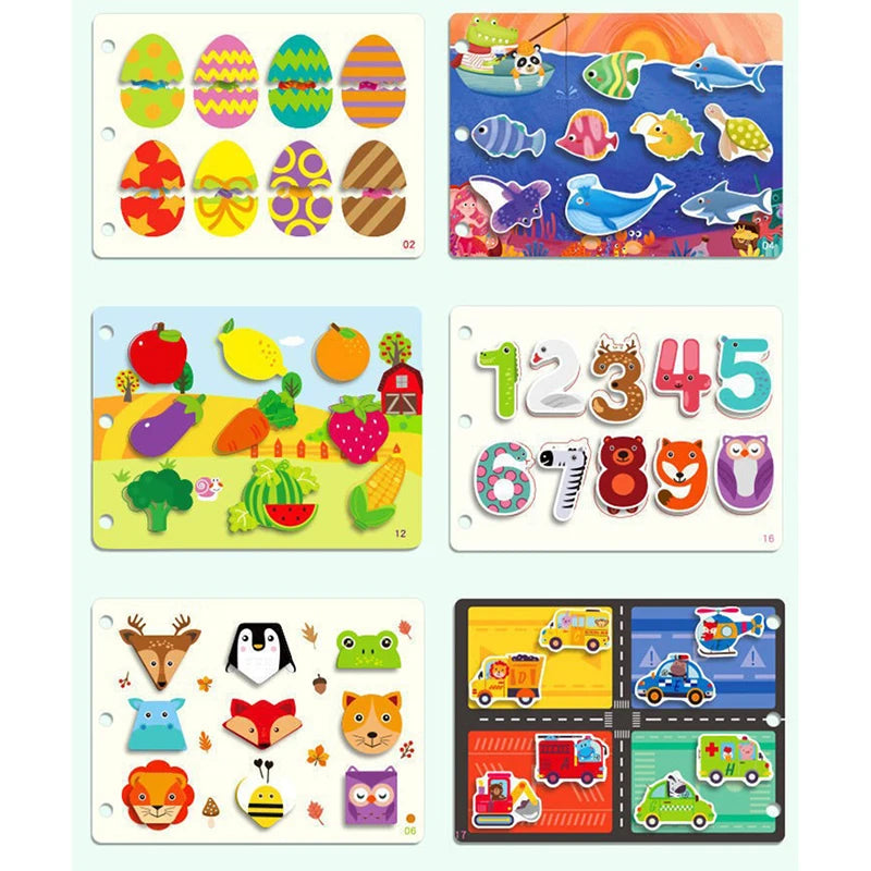Five educational panels with colorful shapes: Easter eggs, sea animals, fruits, numbers, animals, and vehicles. Each panel features vibrant illustrations for kids' learning.