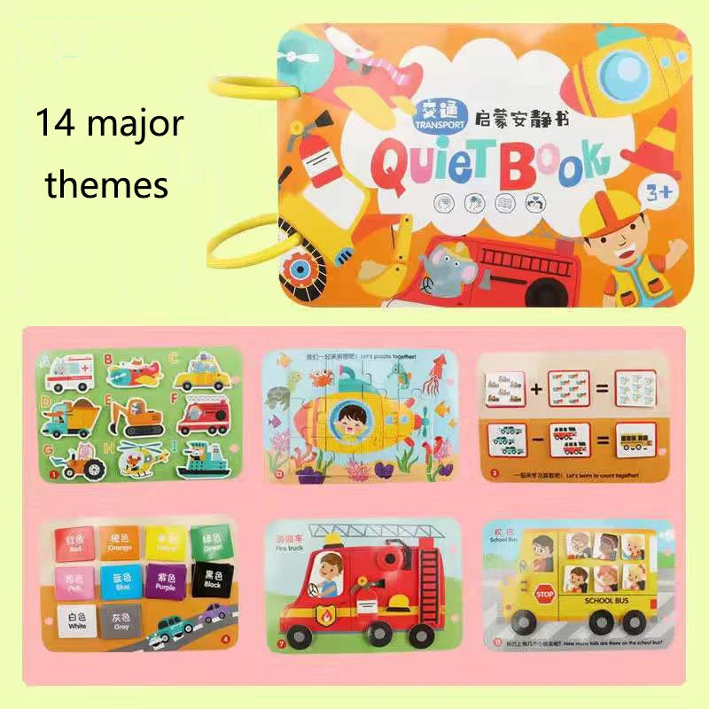 Colorful children's quiet book cover with transportation theme, featuring a firefighter illustration and educational activity pages. Text reads "14 major themes" for ages 3+.