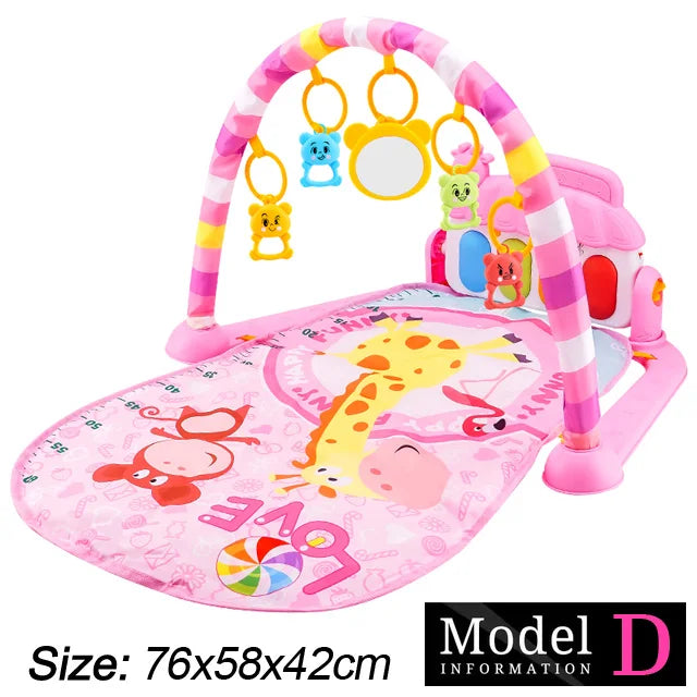 Pink baby play mat with colorful hanging toys: giraffe, monkey, and bear. Includes a striped arch and a fun design featuring animals. Size is 76x58x42 cm, labeled Model D.