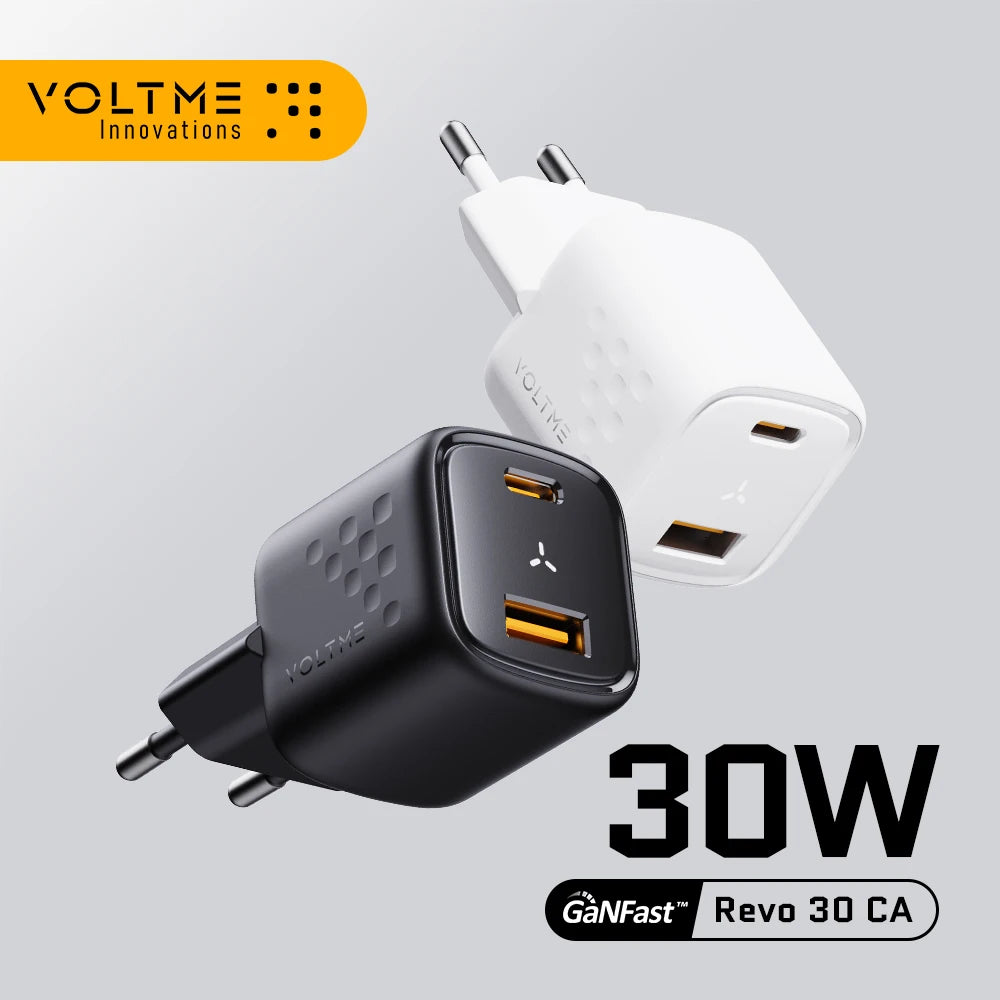 Black and white 30W VOLTME GaNFast Revo 30 CA chargers with USB ports, displaying VOLTME Innovations logo on a gray background.