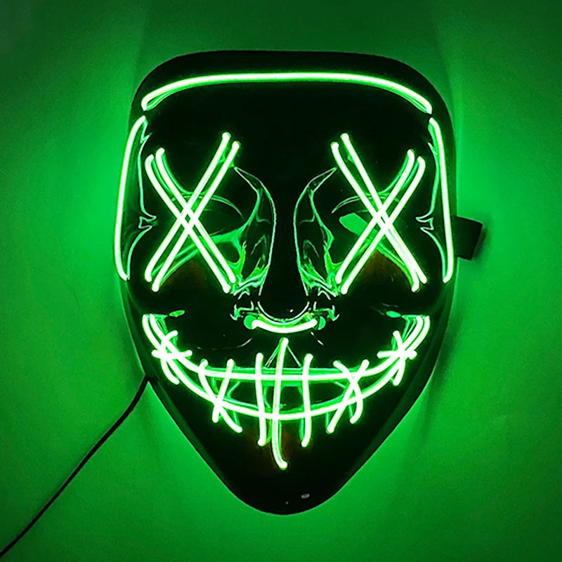 Glowing green mask with neon lights forming Xs over the eyes and a stitched smile. The mask is wired and emits a vibrant green glow.