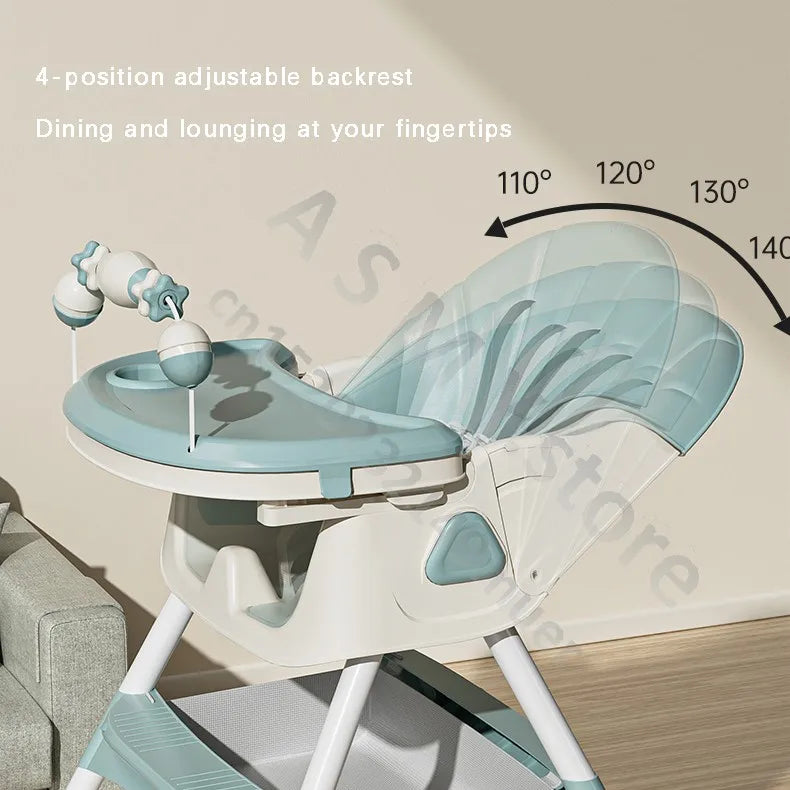 Adjustable baby high chair with a 4-position reclining backrest, shown in light teal and white. Features a tray with toy attachments, suitable for dining and lounging.