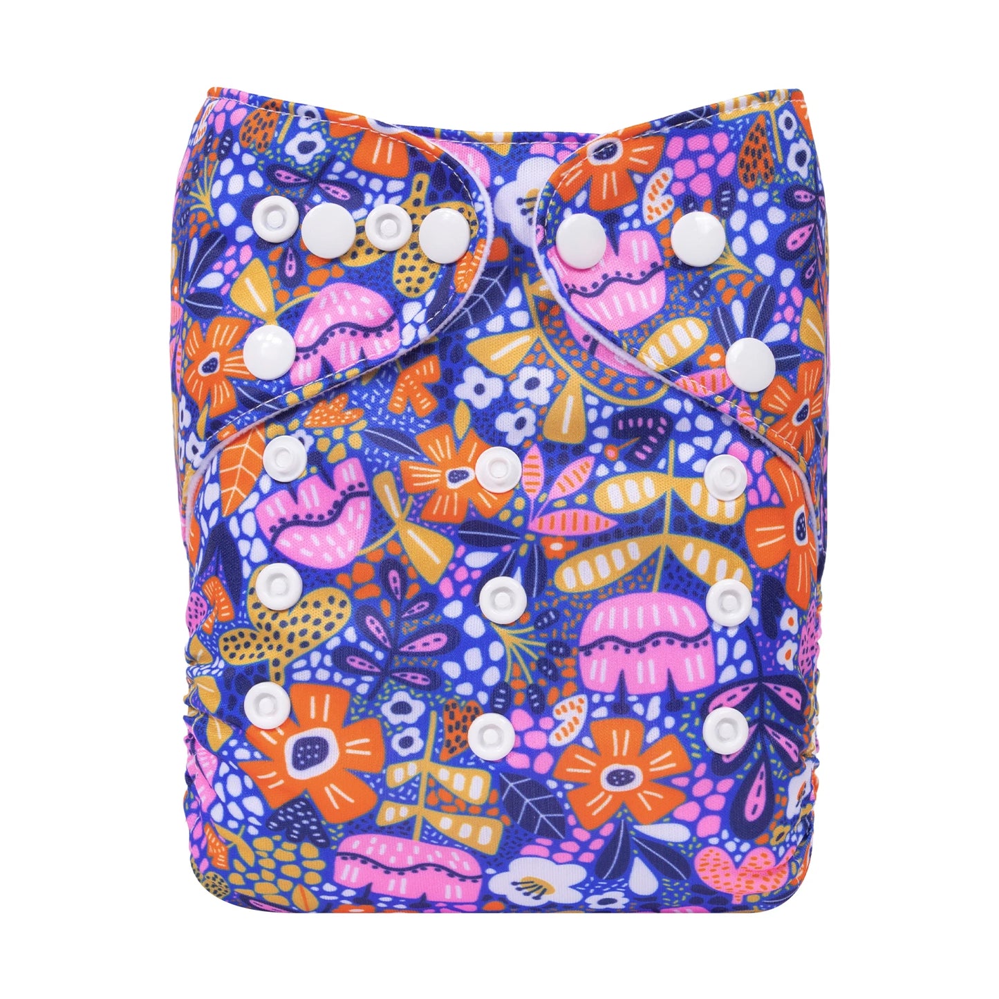 Colorful cloth diaper with vibrant floral patterns in orange, pink, and yellow on a blue background, featuring adjustable white snaps.