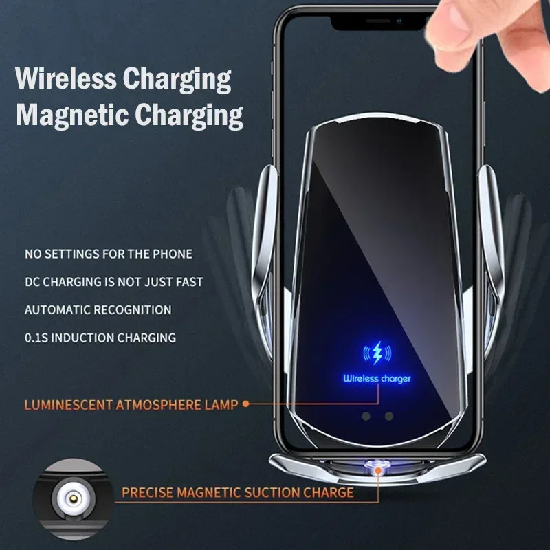 Smartphone on a sleek wireless charging pad with magnetic suction. Features highlighted include fast DC charging, automatic recognition, and luminescent atmosphere lamp.
