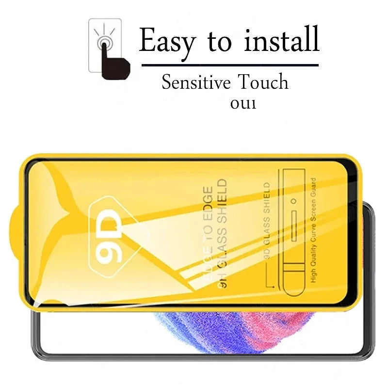 Yellow phone screen protector labeled "9D Glass Shield" positioned over a phone. Text at the top reads "Easy to install" and "Sensitive Touch."
