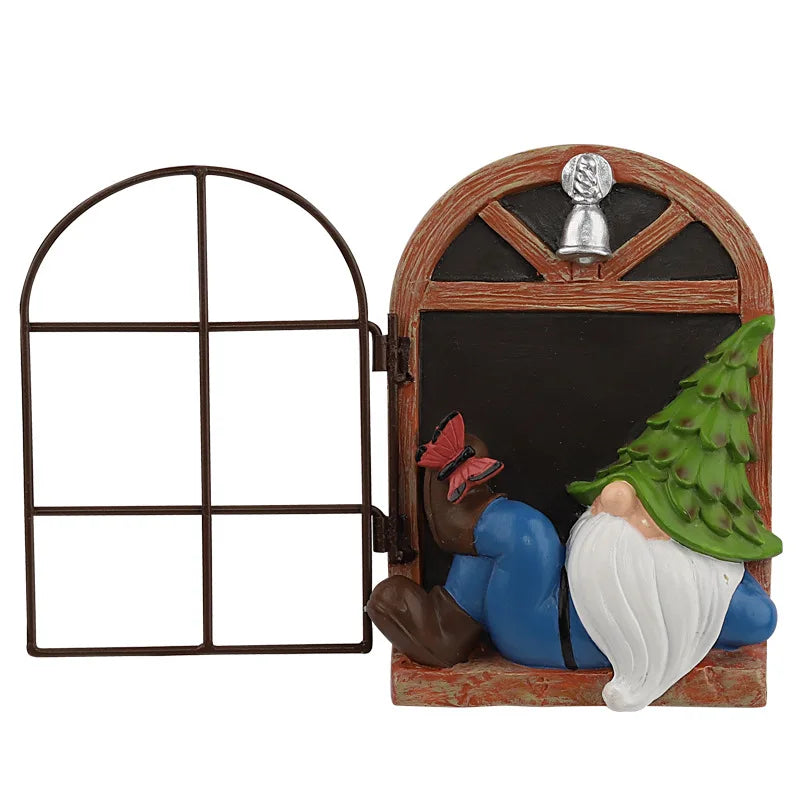 A whimsical garden gnome with a tree-shaped hat and a white beard reclines joyfully. A red butterfly is perched on his boot. The gnome is near an open arched window frame.