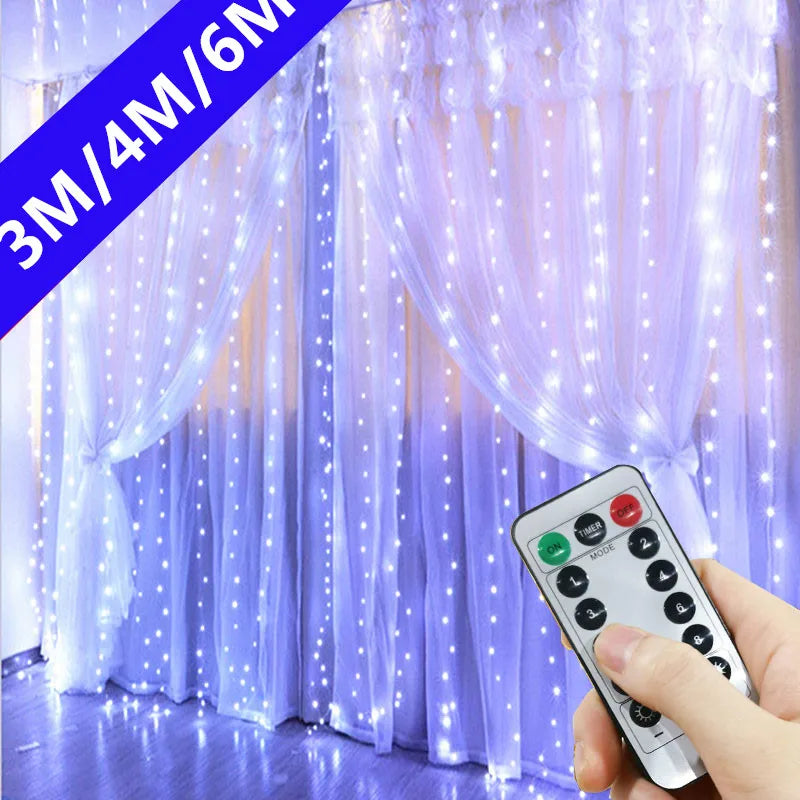 Sheer curtains adorned with cascading LED fairy lights, controlled by a handheld remote. The text "3M/4M/6M" in the corner indicates length options.