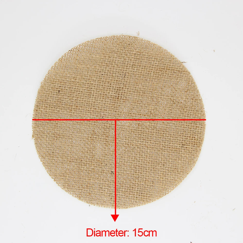 A round piece of burlap fabric measuring 15cm in diameter is shown against a white background, with a red line indicating the diameter length.