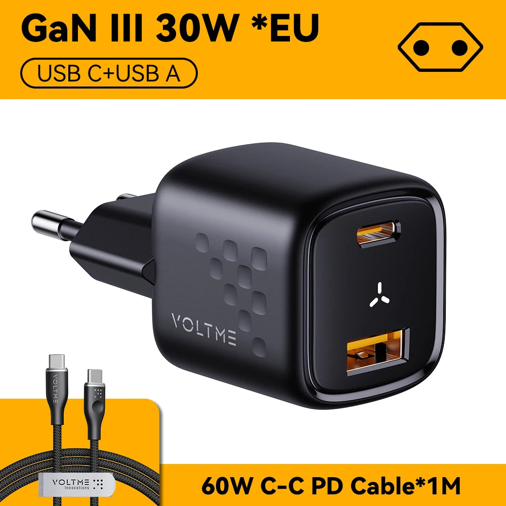 Black GaN III 30W EU plug charger with USB-C and USB-A ports, and a 1-meter 60W USB-C to USB-C PD cable. Brand name "Voltime" displayed, set against an orange background.