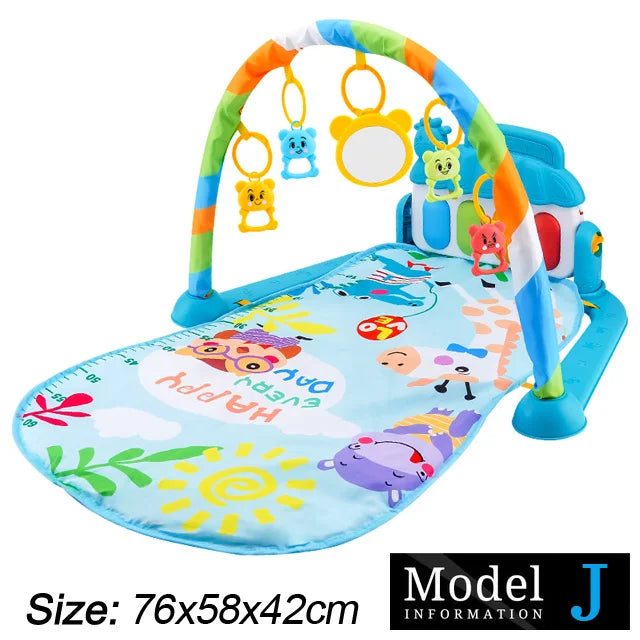 Colorful baby play mat with animal and sun graphics, featuring a rainbow arch with hanging toys and a mirror. Size: 76x58x42cm.