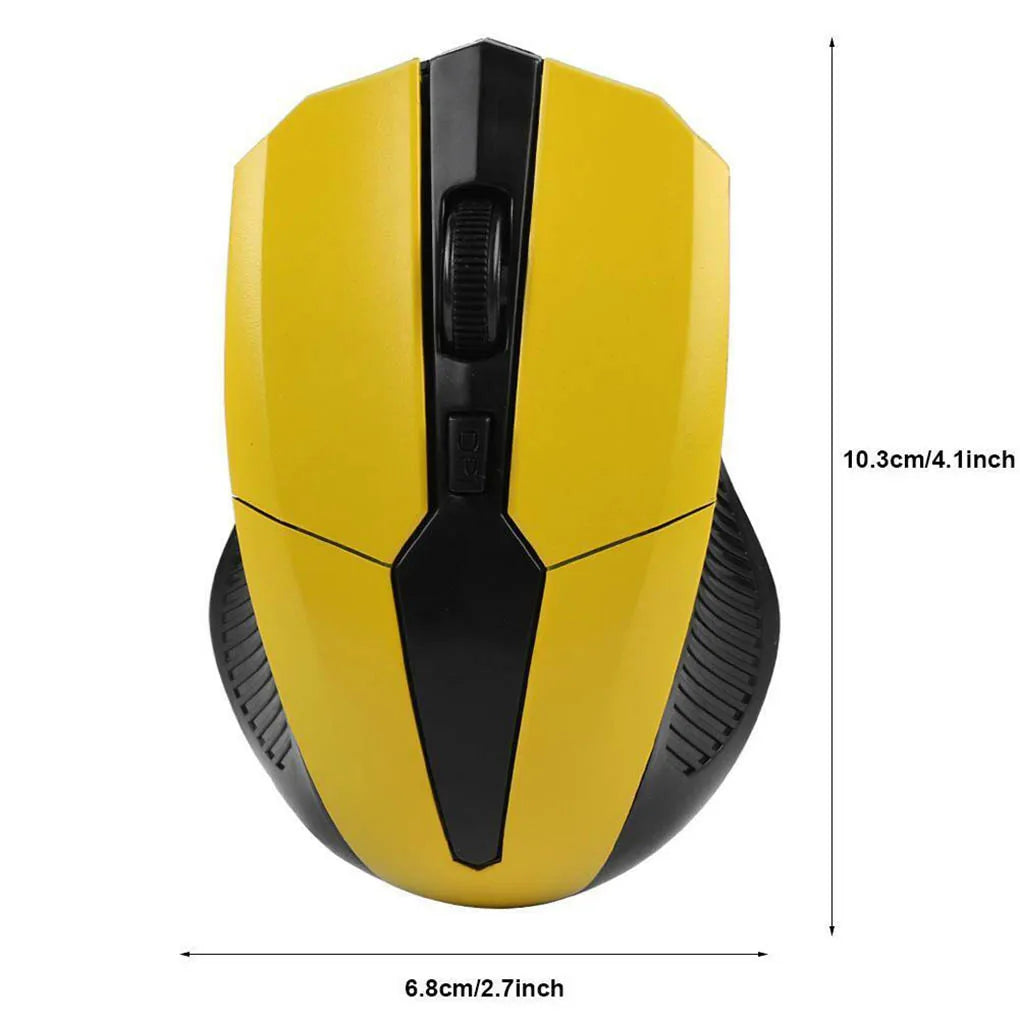 Yellow and black wireless computer mouse with a scroll wheel. Dimensions are 10.3 cm (4.1 inches) in height and 6.8 cm (2.7 inches) in width, shown on a white background.