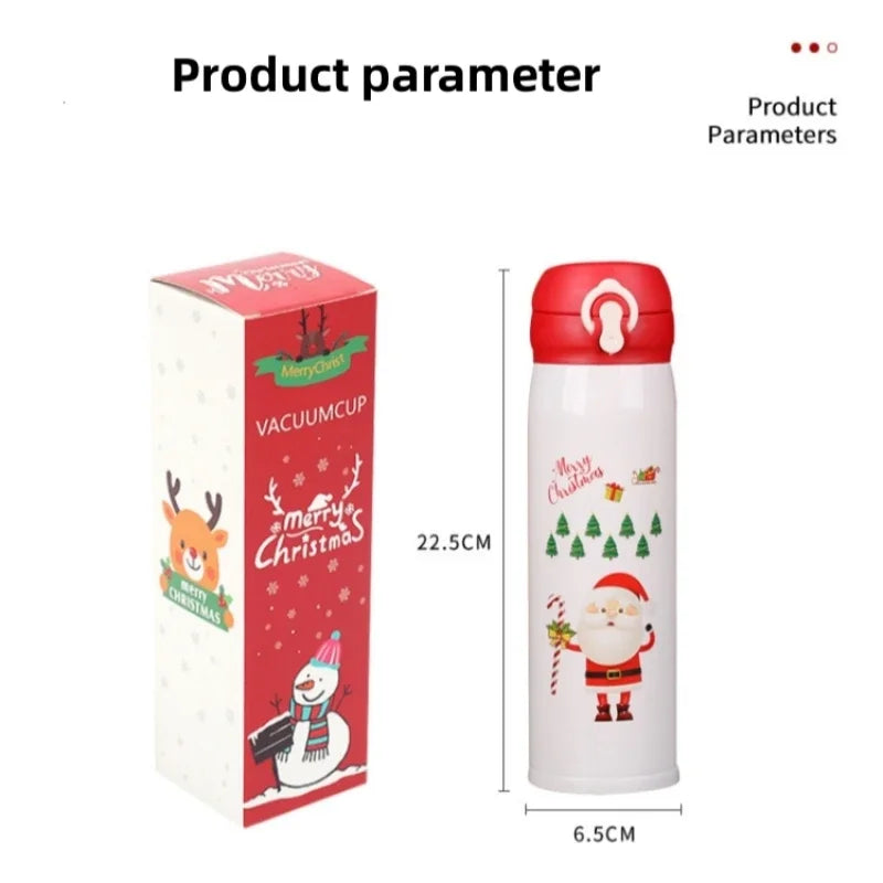 Christmas-themed vacuum cup with Santa and tree design. Red lid, 22.5cm tall, 6.5cm wide. Packaging features festive illustrations, including a reindeer and snowman.