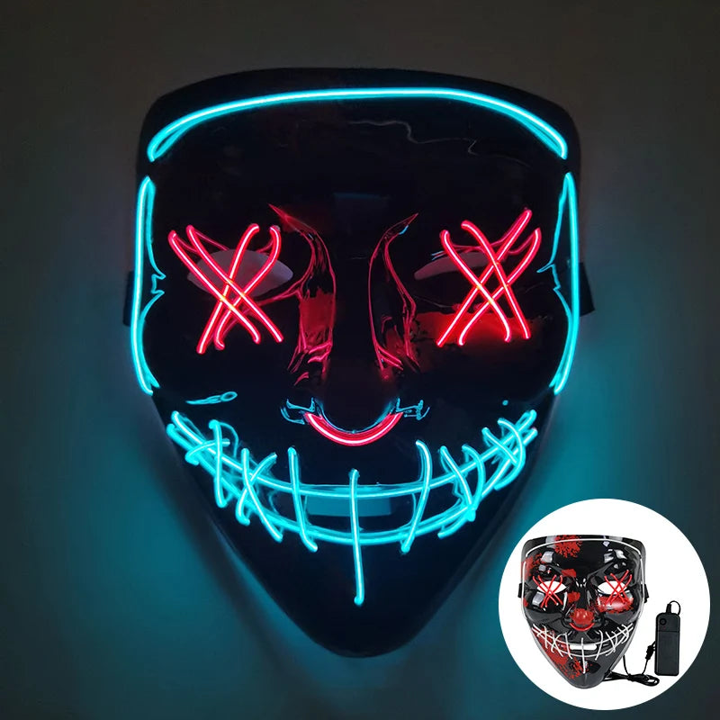 LED mask with glowing neon blue outline, red X eyes, and stitched smile design. The inset shows the mask with a battery pack.