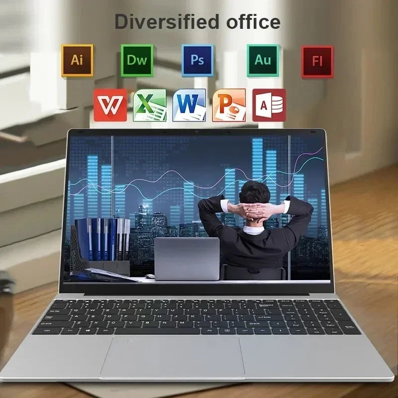Laptop on a desk displaying a man relaxing in an office with bar graphs. Icons of various software like Adobe and Microsoft Office are above, with "Diversified office" text.
