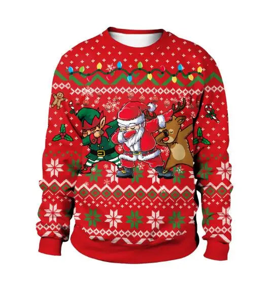 Red Christmas sweater with Santa, reindeer, and elf dabbing. Features snowflakes, gingerbread men, and festive lights pattern on a bright red background.