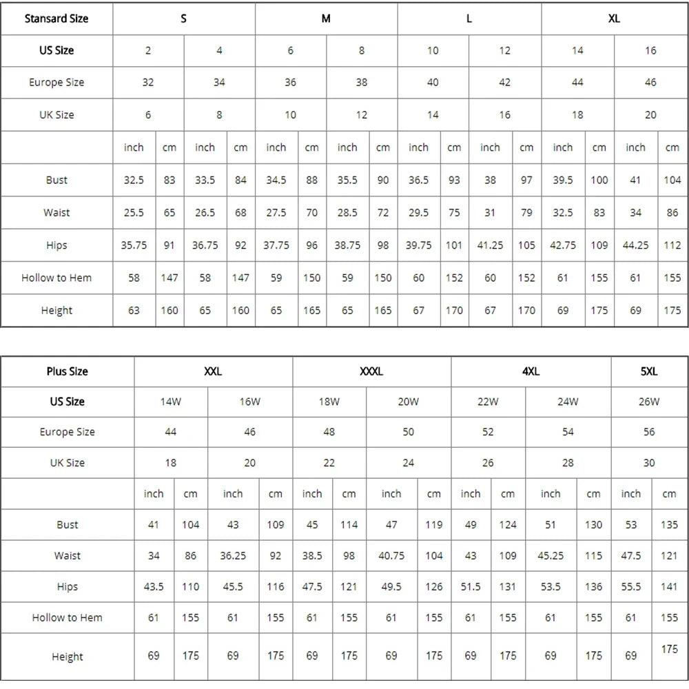 Size chart showing standard sizes S to XL and plus sizes XXL to 5XL, with measurements for bust, waist, hips, hollow to hem, and height in inches and centimeters.