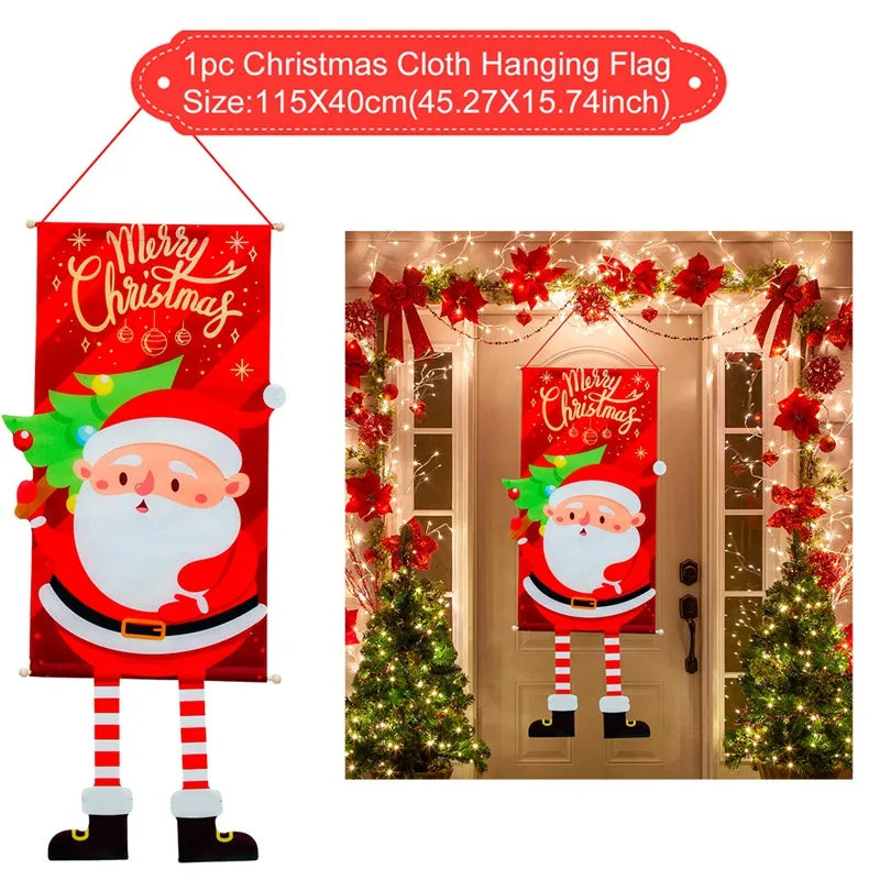 Red Christmas hanging flag featuring Santa Claus, with the text "Merry Christmas." It measures 115x40cm and is displayed on a festive doorway adorned with lights and poinsettias.