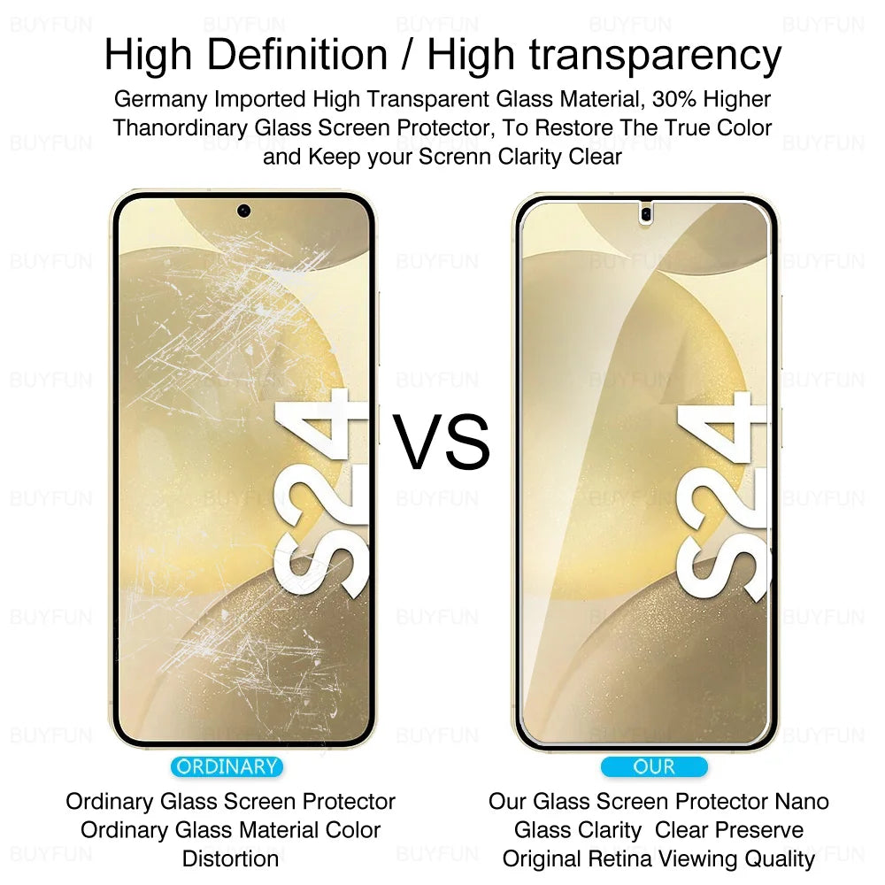 Comparison of phone screens: left with cracked, distorted glass vs. right with clear, high-definition glass. Text highlights superior clarity and preservation of true color.