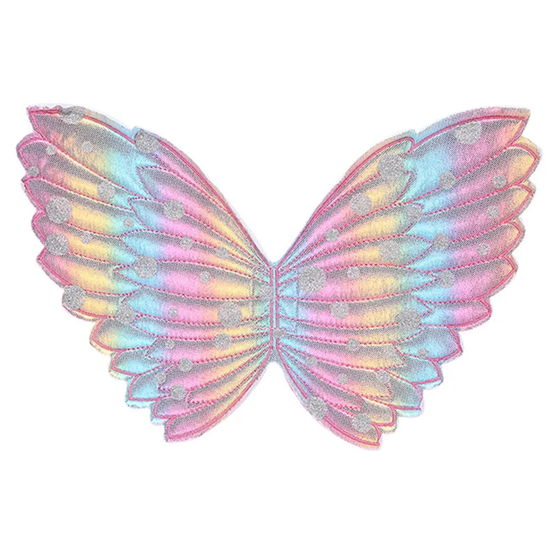 Colorful butterfly wings with a gradient of pink, blue, and yellow, featuring silver polka dots. The design is symmetrical and appears embroidered.