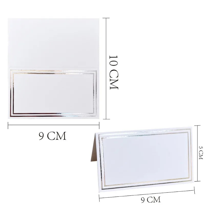 Two white cards with silver borders. The first card is flat, measuring 10 cm by 9 cm. The second card is tent-folded, measuring 9 cm by 5 cm.