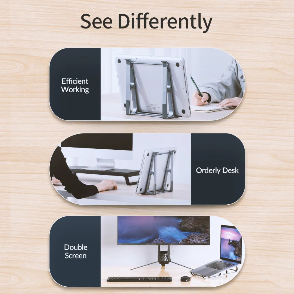 Laptop stands showcasing benefits: "Efficient Working" with a laptop elevated, "Orderly Desk" with organized setup, and "Double Screen" with a laptop and monitor on a tidy desk.