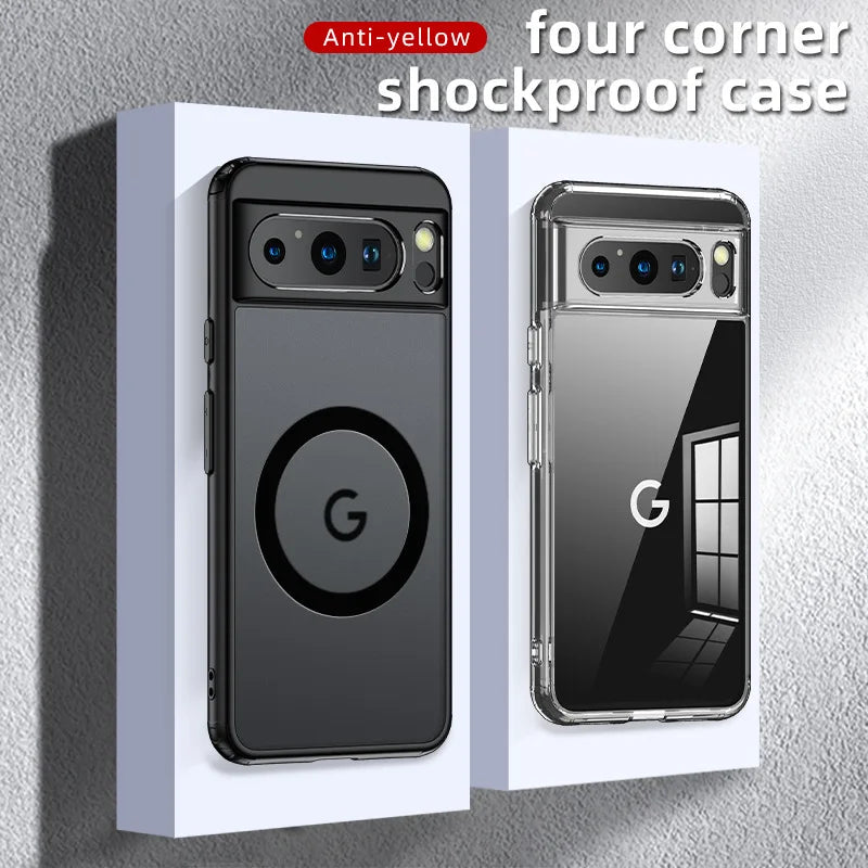 Two phone cases displayed, one black with a circular design, the other clear with a window reflection. Text reads "Anti-yellow four corner shockproof case."