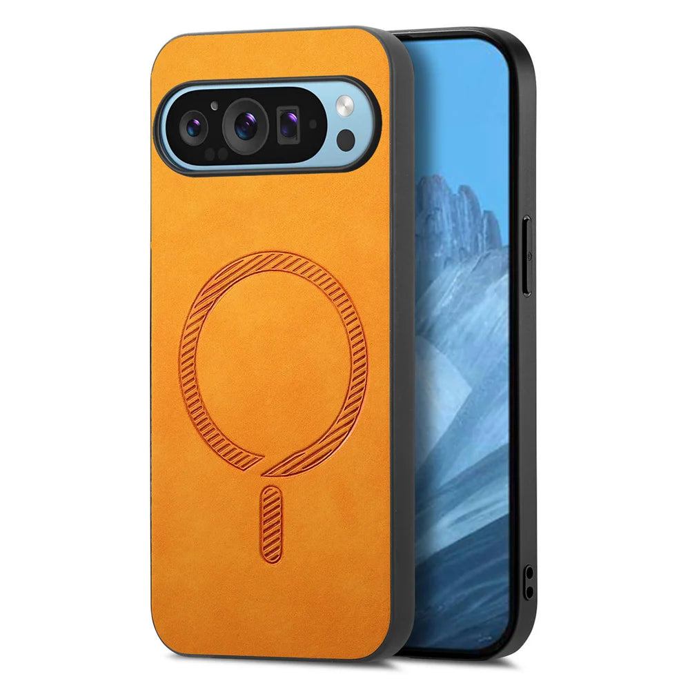 Orange phone case with a circular design around the camera cutout, showing a mountain wallpaper on the screen. Camera lenses and flash are visible. Simple and sleek design.