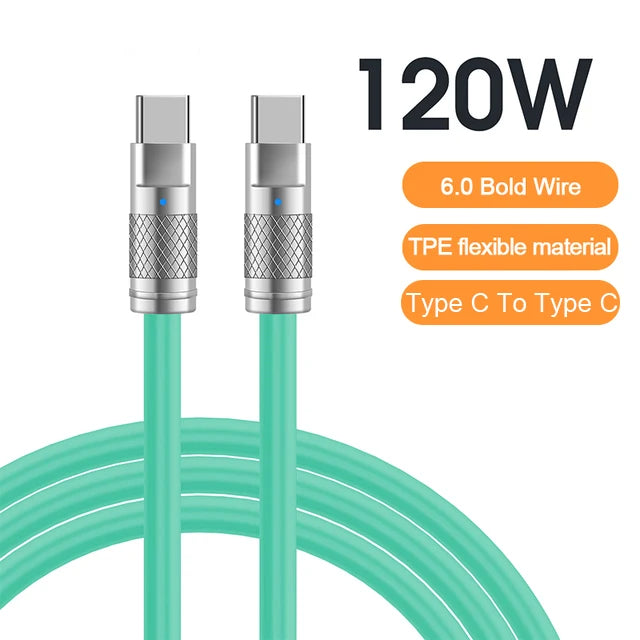 Turquoise Type C to Type C cable with silver connectors, supports 120W. Features include 6.0 bold wire and TPE flexible material.