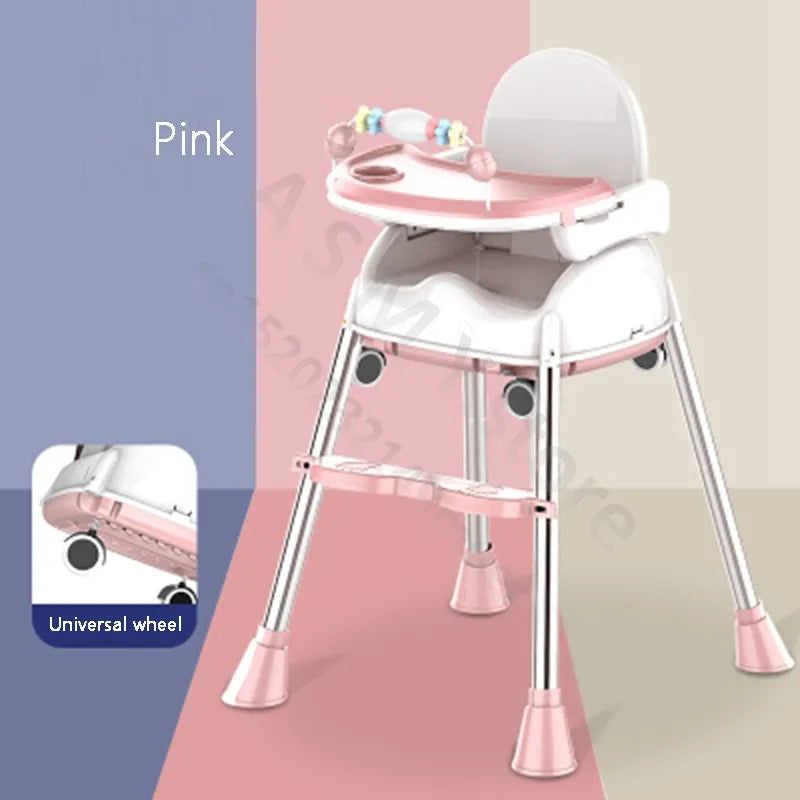 Pink high chair with a detachable tray and colorful beads on handle. Features adjustable legs, a footrest, and universal wheel for mobility.