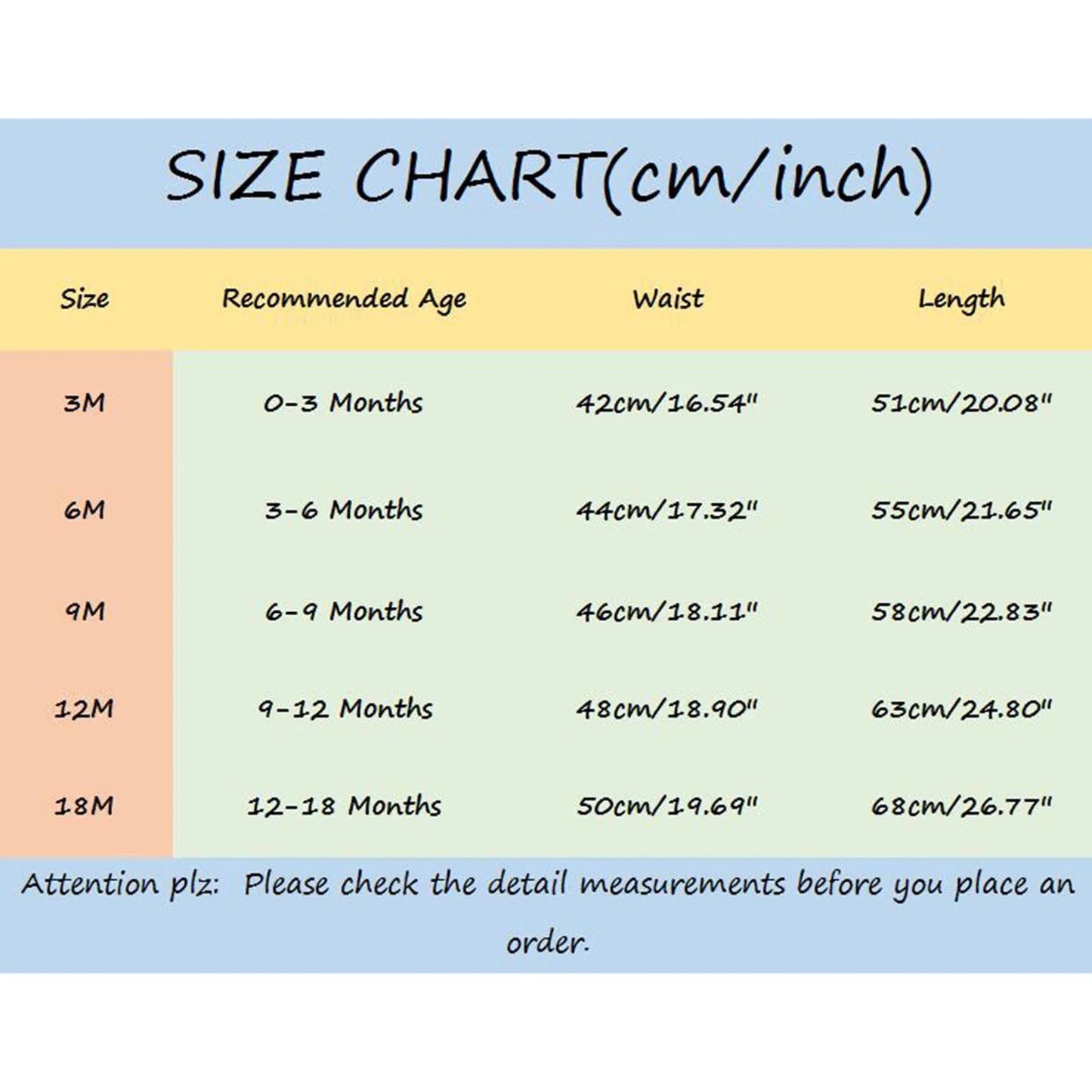 Size chart for 3M to 18M baby clothes, showing recommended age, waist, and length in cm/inches. Includes a note about checking measurements before ordering.