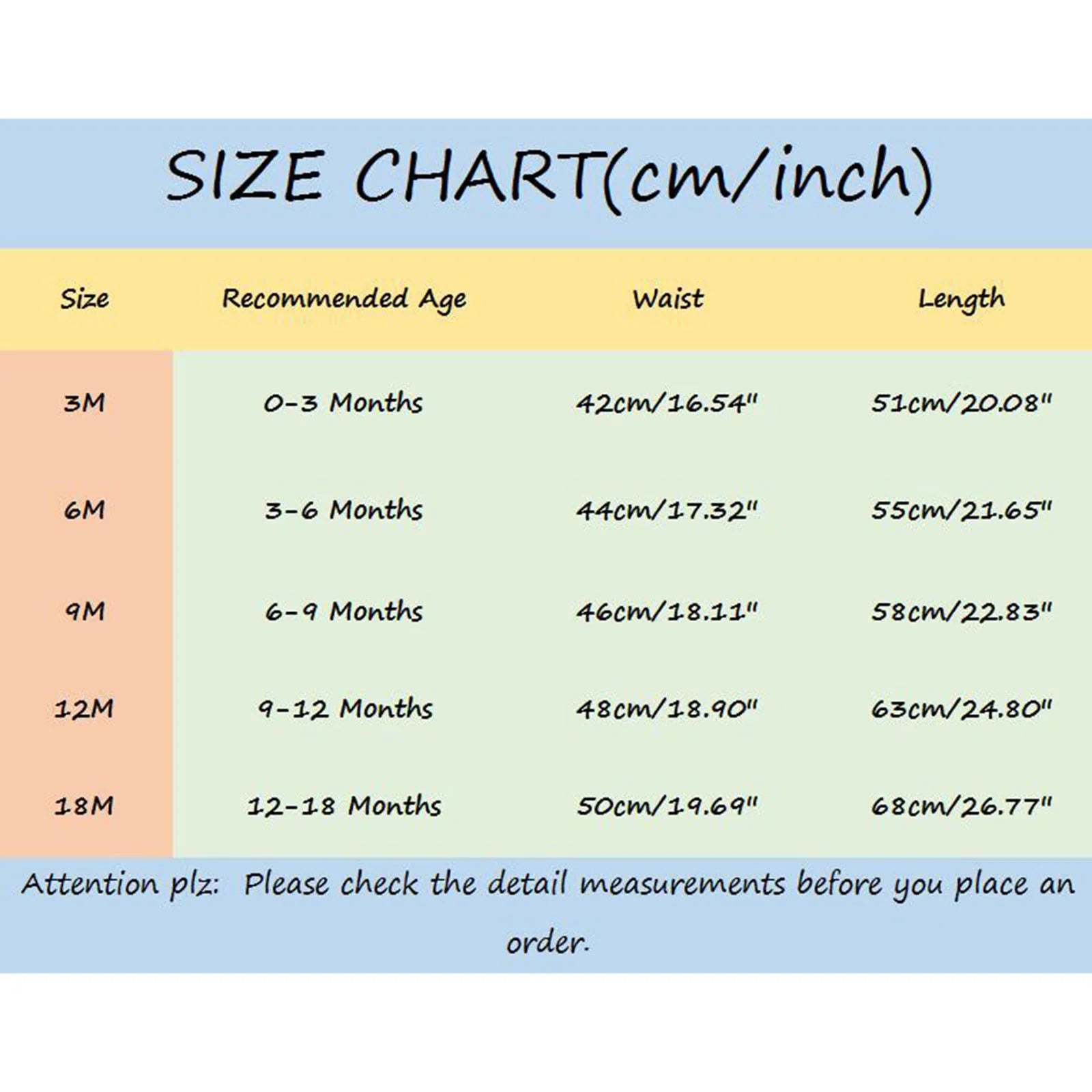 Size chart for 3M to 18M baby clothes, showing recommended age, waist, and length in cm/inches. Includes a note about checking measurements before ordering.