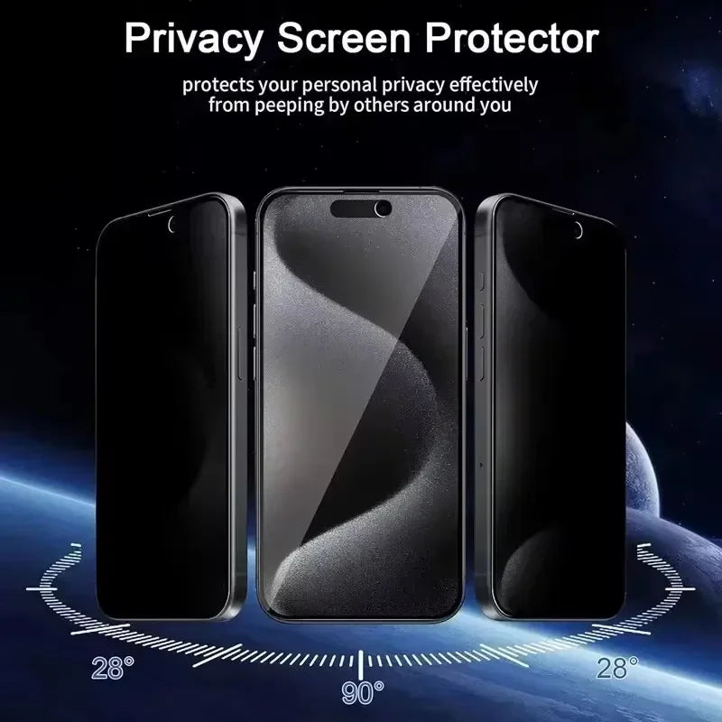 Three smartphones with privacy screen protectors; the center one is clear from a front view, while side views are darkened. Text: "Privacy Screen Protector" with angle indicators.