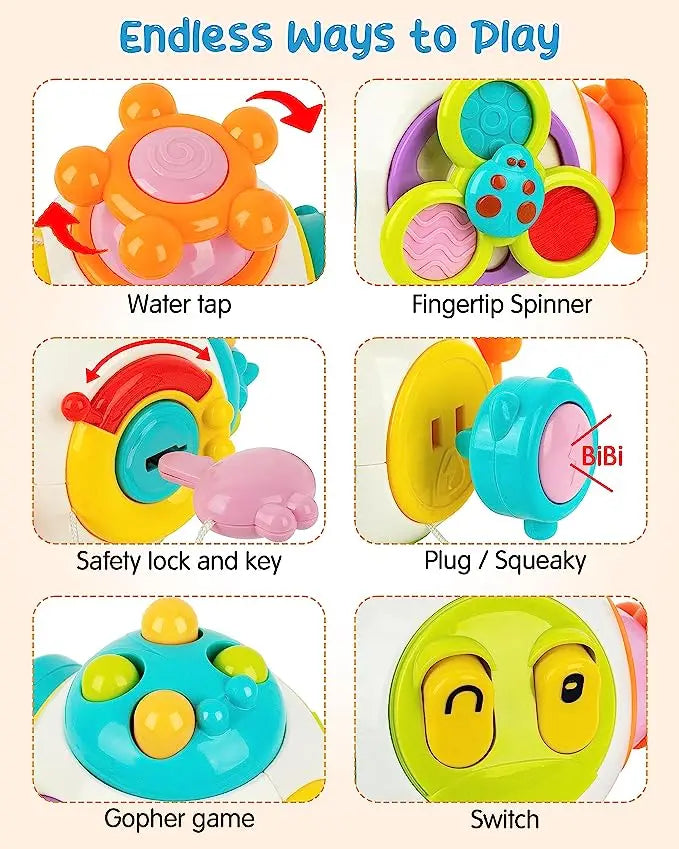 Collage of six colorful toy features: water tap, fingertip spinner, safety lock and key, plug/squeaky button, gopher game, and switch. Text reads "Endless Ways to Play."