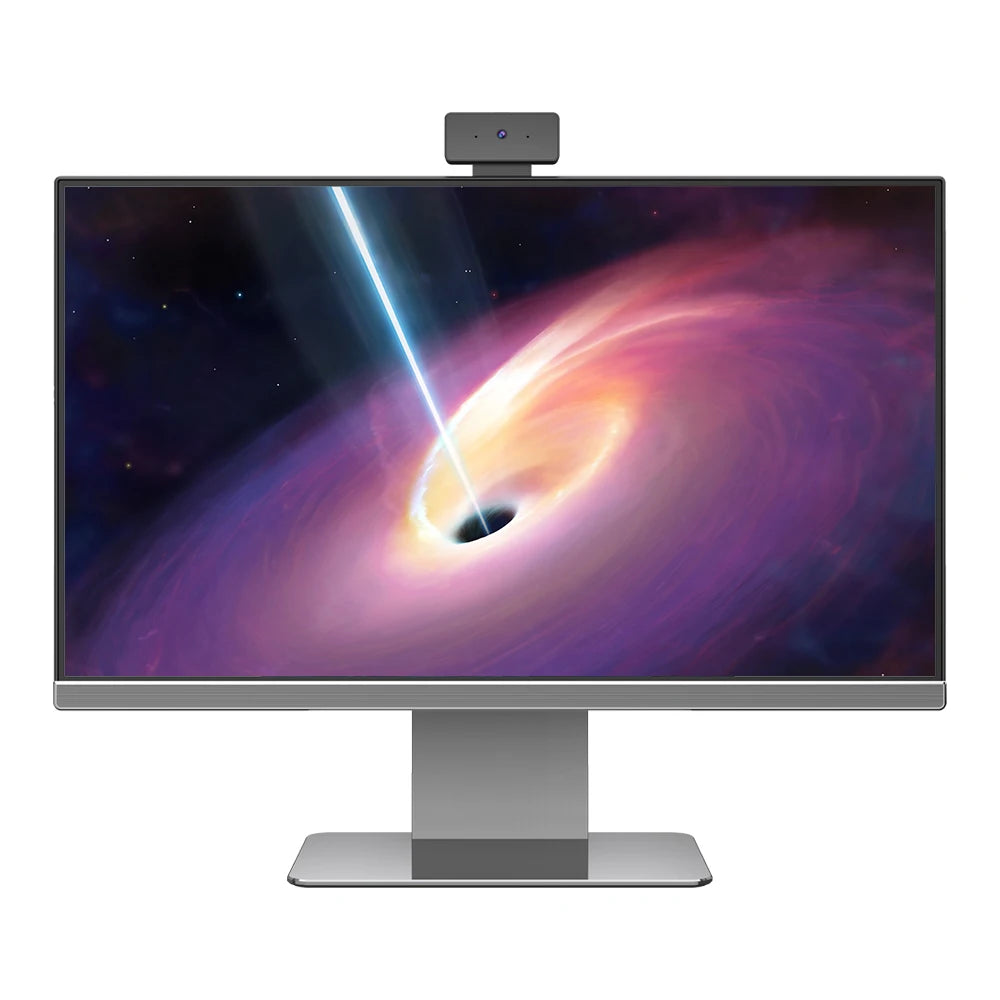 A modern computer monitor displaying a vibrant cosmic scene of a black hole with a bright beam of light. A web camera is mounted on top of the screen.