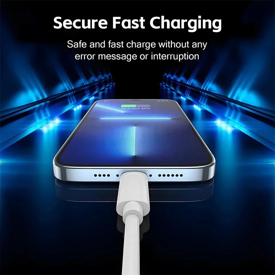 Smartphone with fast charging cable plugged in, surrounded by blue lighting effects. Text above reads, "Secure Fast Charging: Safe and fast charge without any error message or interruption."